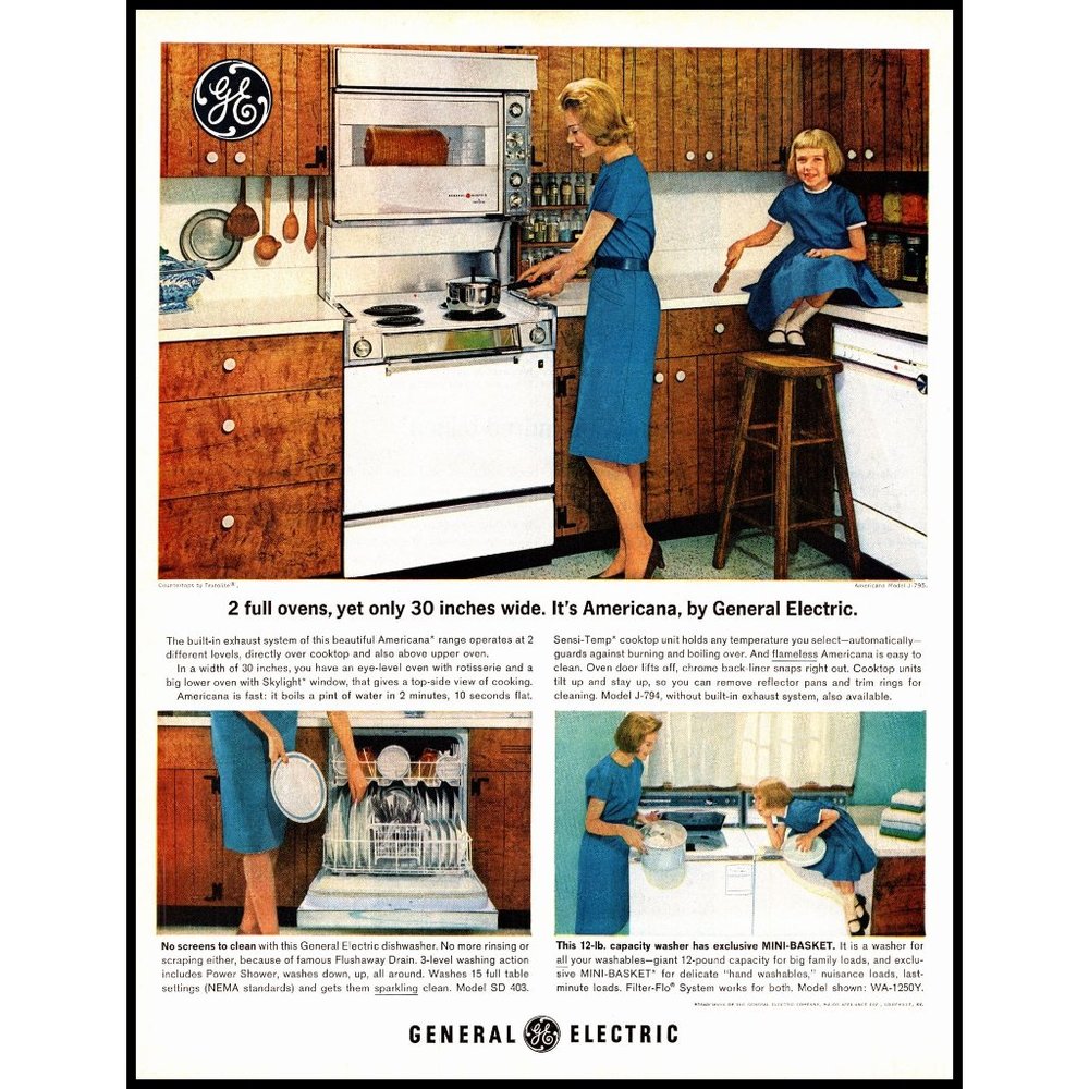 1963 GE General Electric Americana Double Oven Vintage Print Ad Housewife Girl